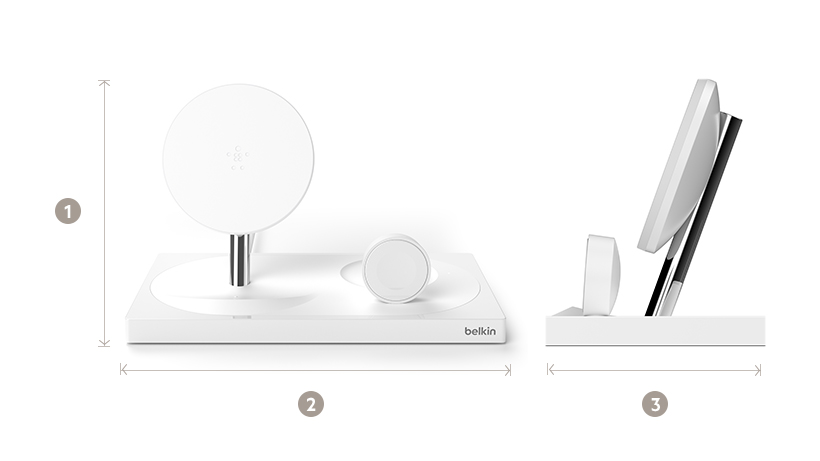 同时为三台设备(iPhone、Apple Watch 和 AirPods)充电 BOOST↑CHARGE 三合一无线充电器特别版尺寸图